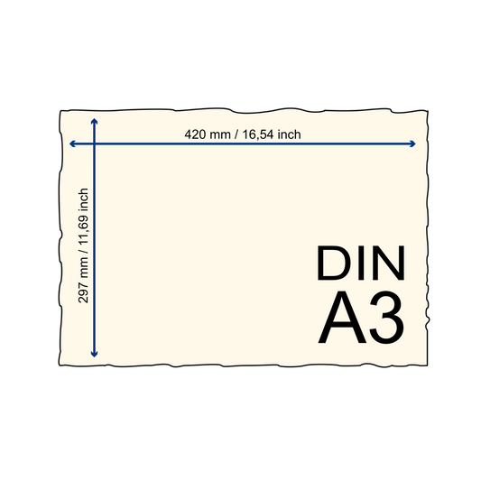 Büttenpapier im Format DIN A3 schematische Darstellung mit Maßen