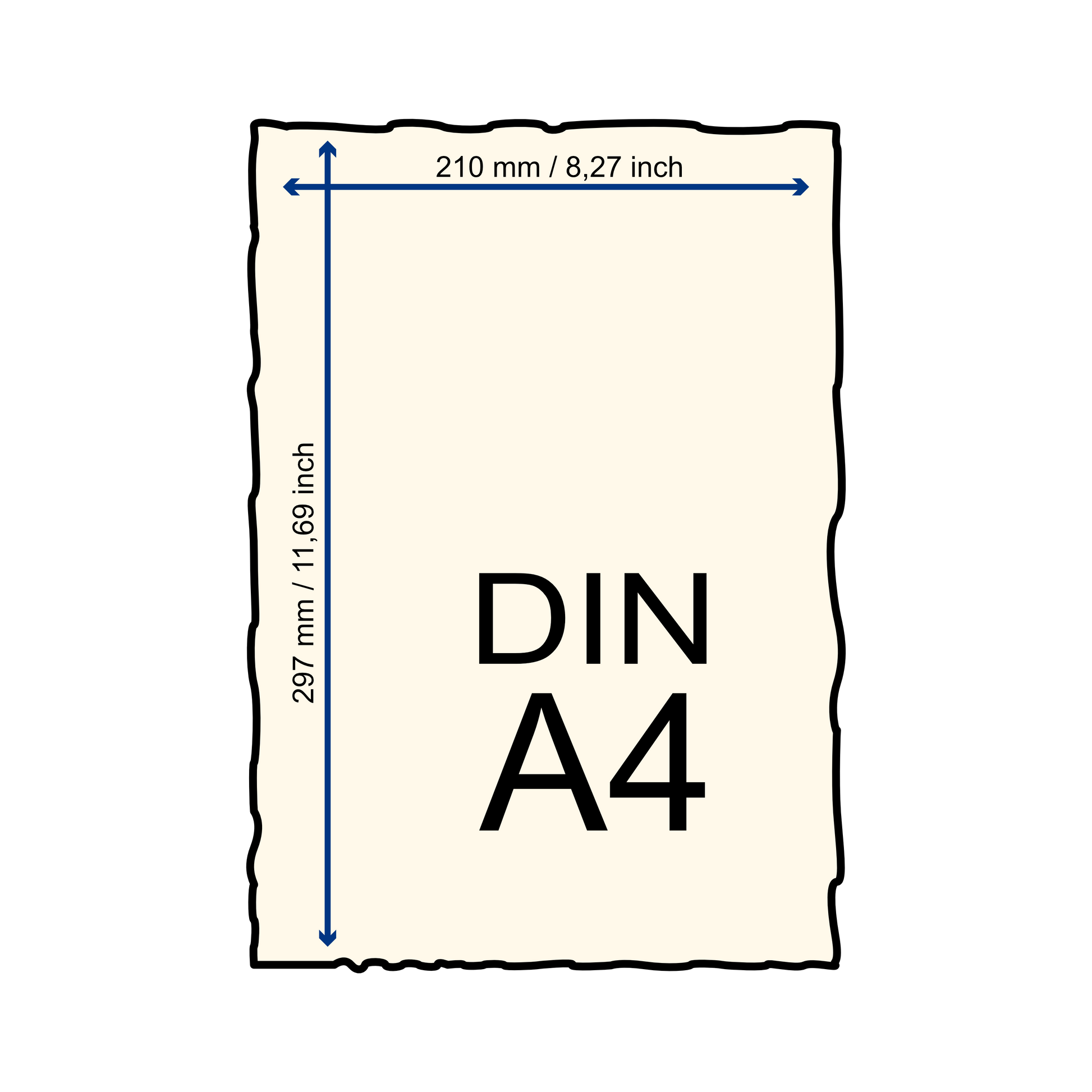 Büttenpapier DIN A4 schematische Darstellung mit Maßen