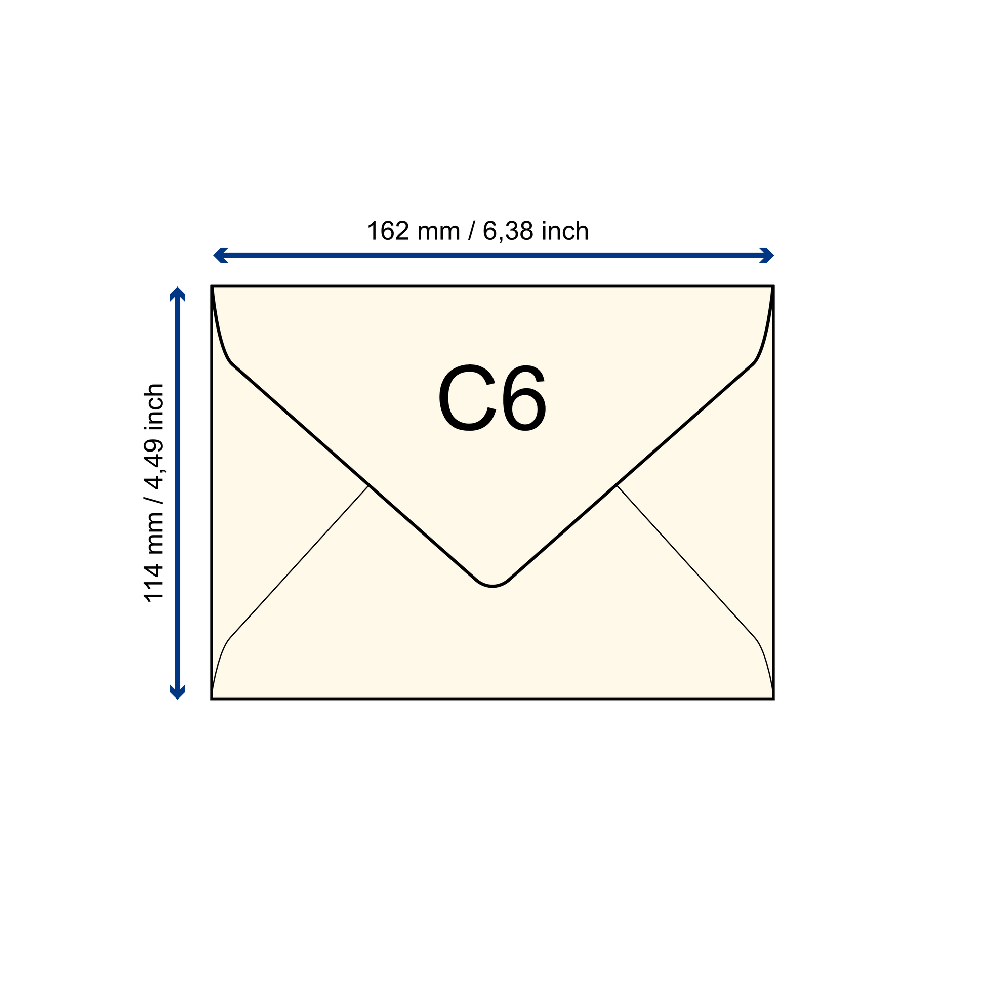 Büttenpapier Umschlag C6 schematische Darstellung mit Maßen
