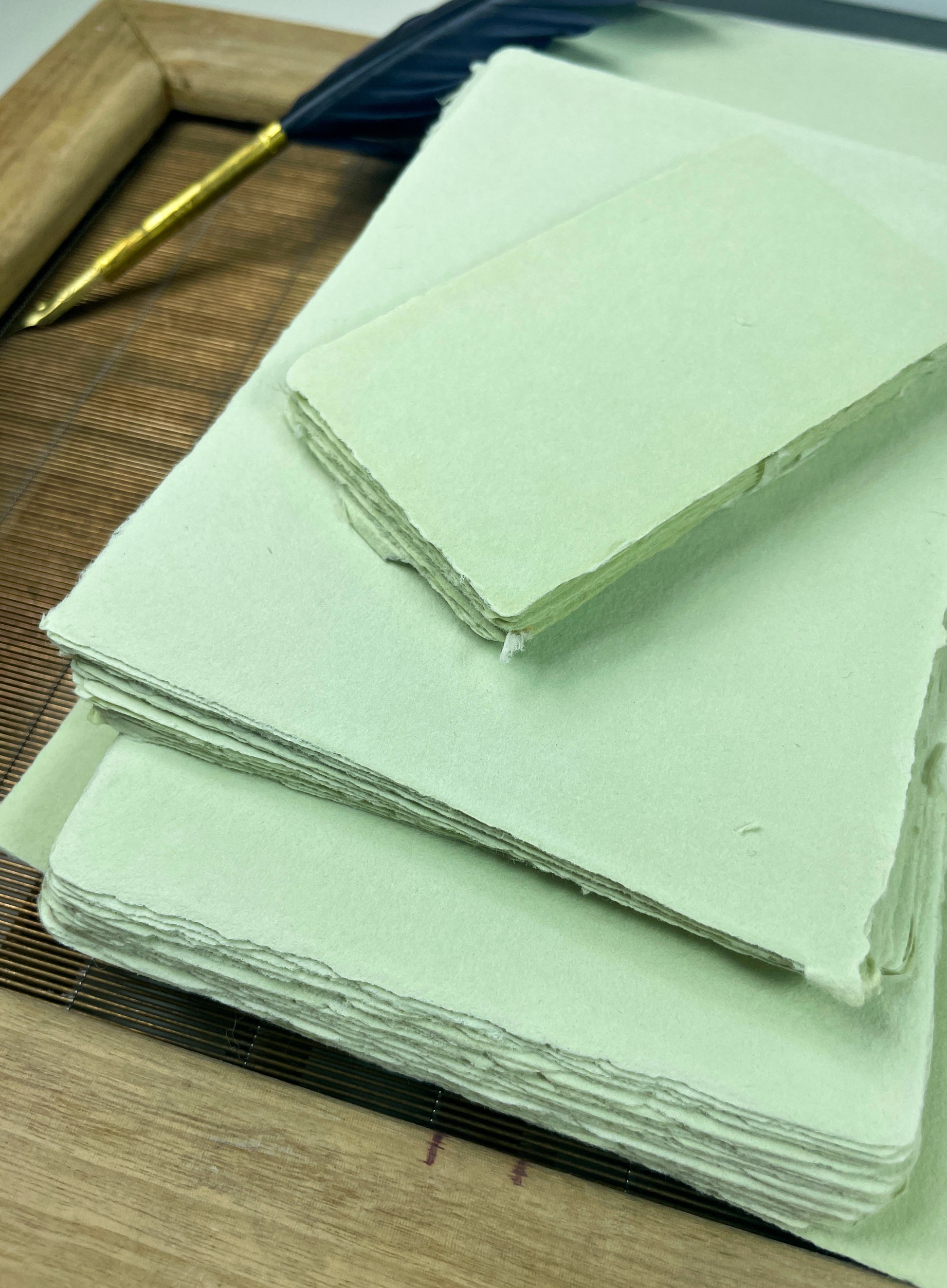 dekoratives Arrangement von grünem Büttenpapier mit Schreibfeder