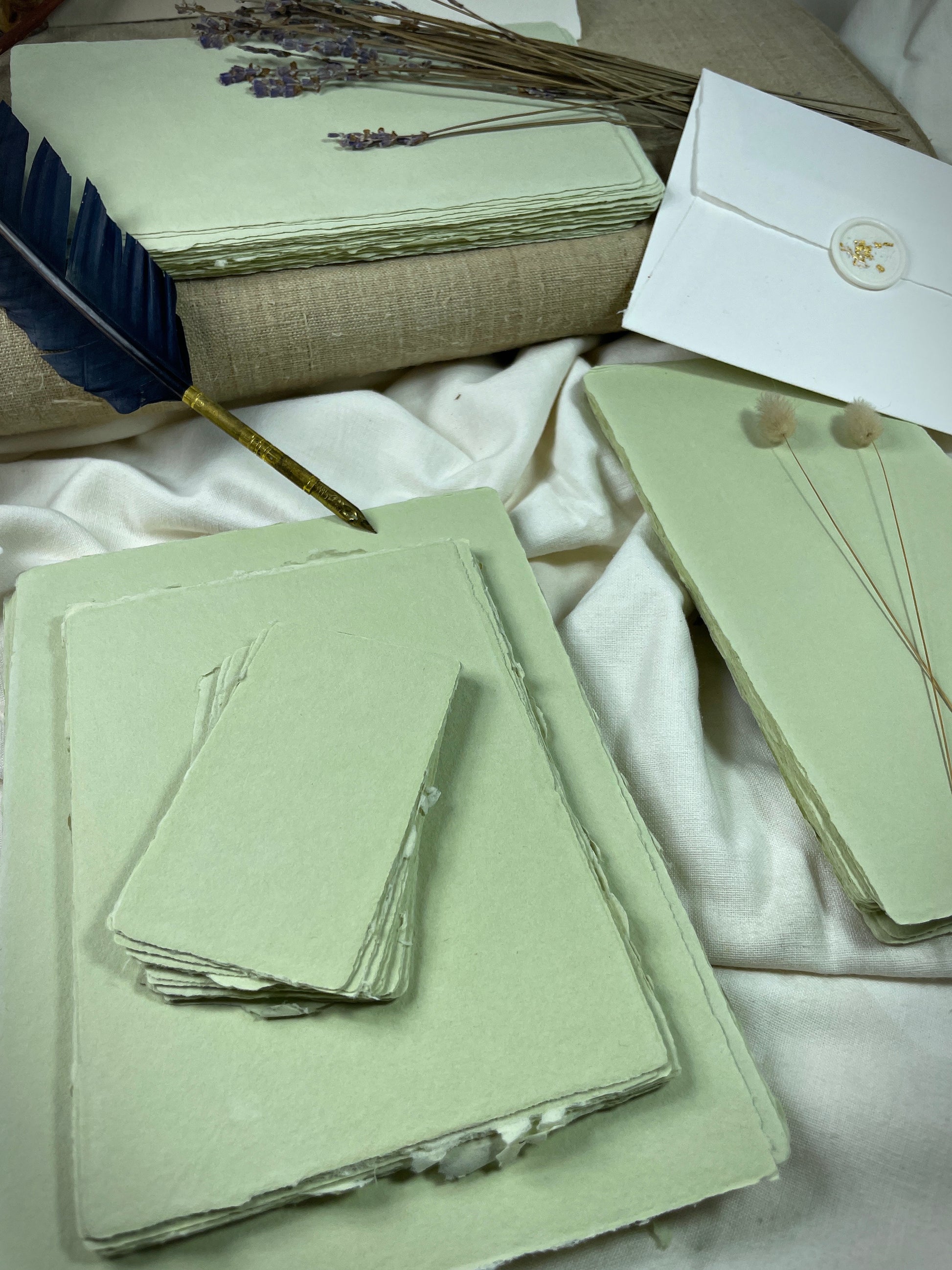 dekoratives Arrangement von grünem Büttenpapier mit Schreibfeder