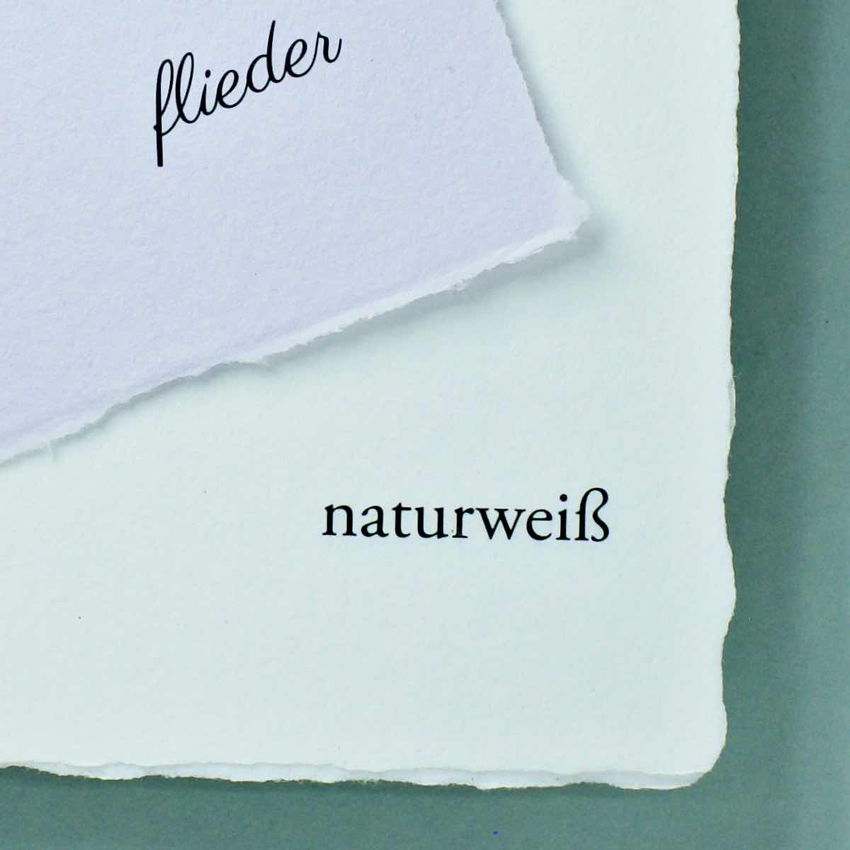Detail handgeschöpftes Büttenpapier Farbvergleich flieder auf naturweiß