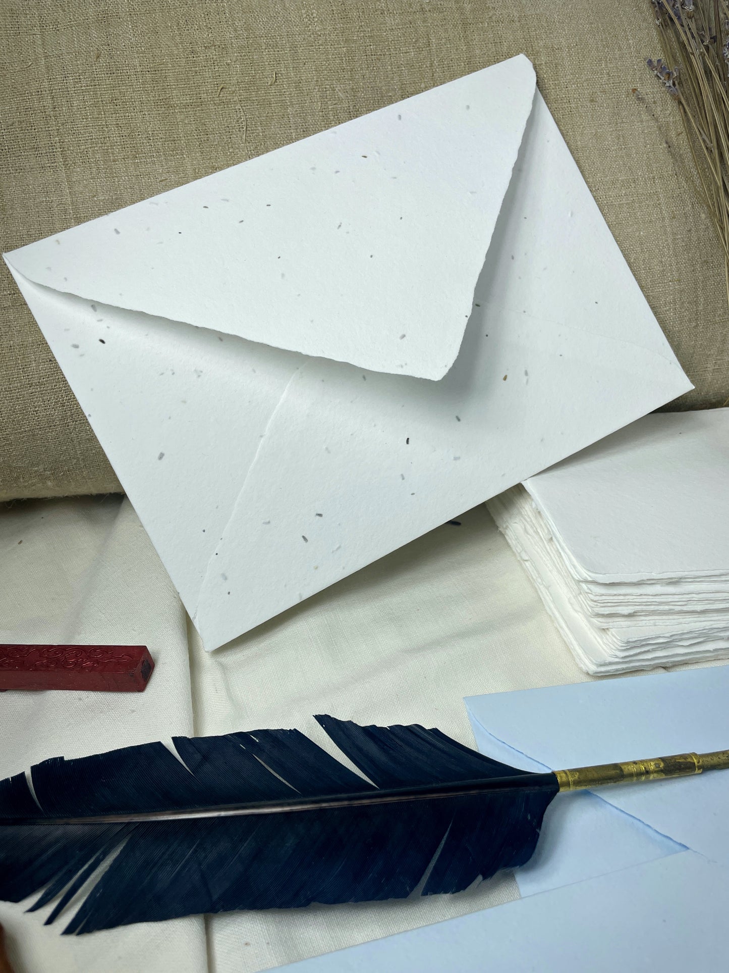 Büttenpapier Umschlag mit eingeschöpften Samen dekorativ fotografiert